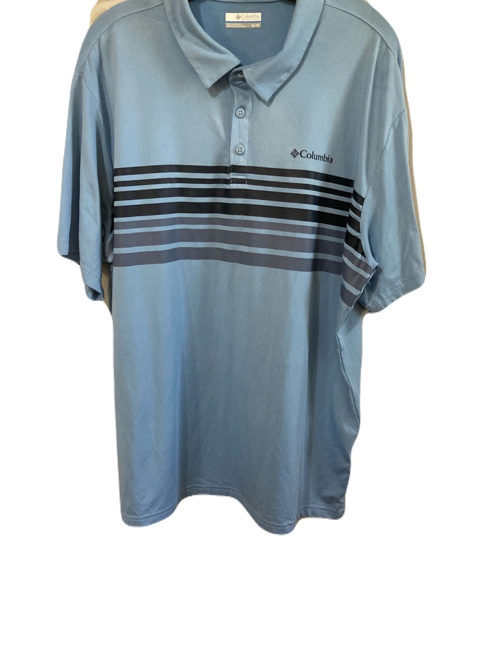 Columbia Light Blue Polo with Black and Gray Stripes